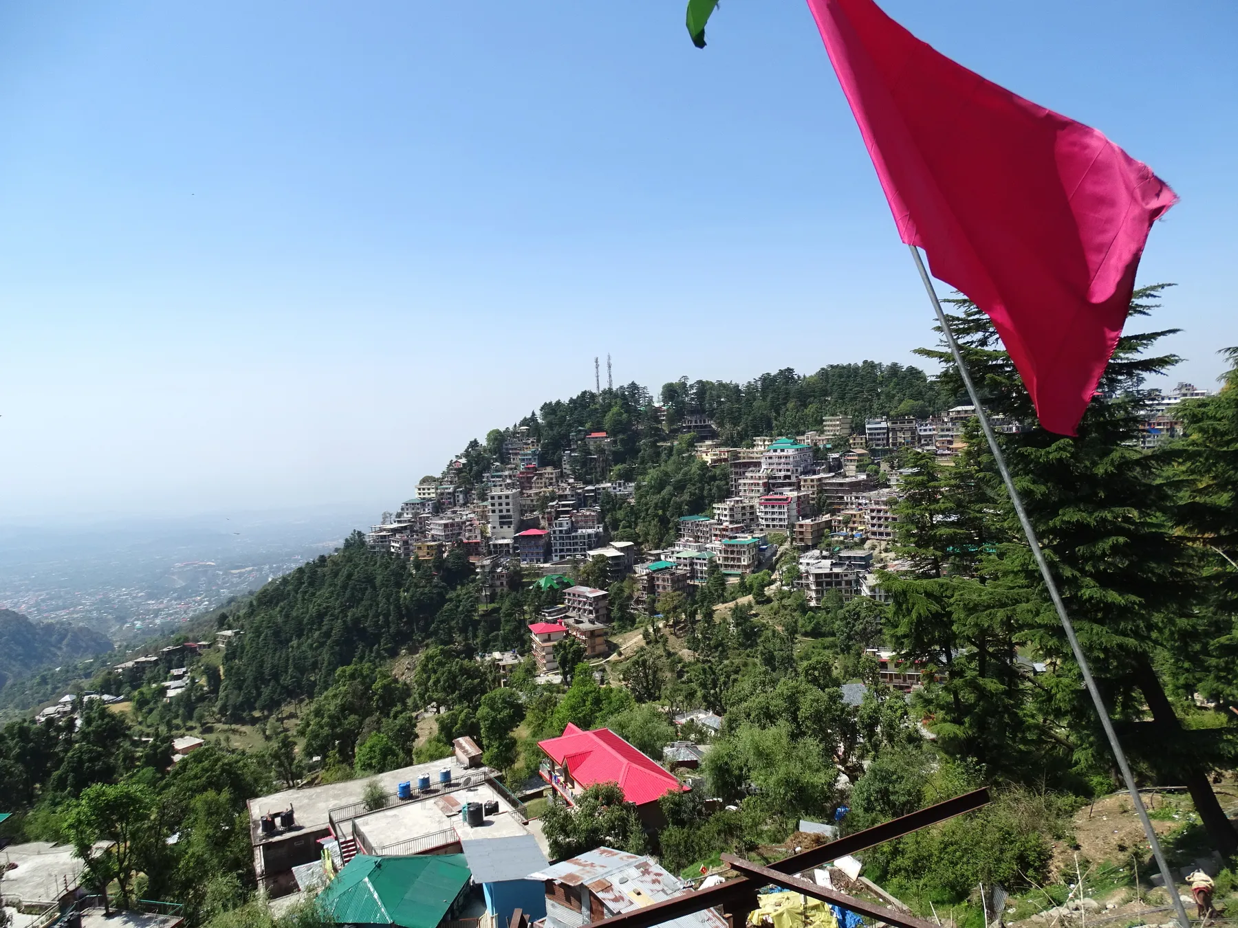 A hillside town under forest with a prayer flag in the foreground