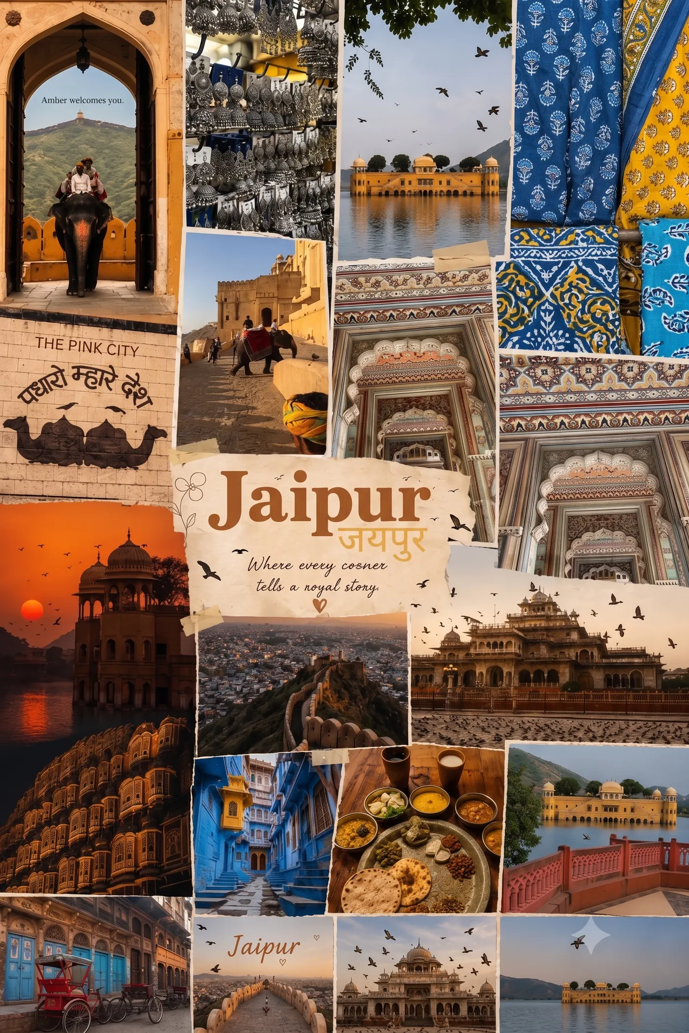 A collage of Jaipur scenes — Amber, Jal Mahal, Hawa Mahal, Nahargarh, Albert Hall