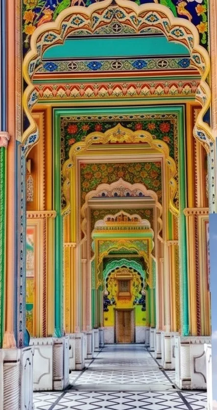 A corridor of brightly painted arches receding into the distance