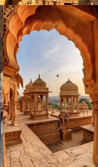 Domed cenotaphs seen through a carved sandstone arch
