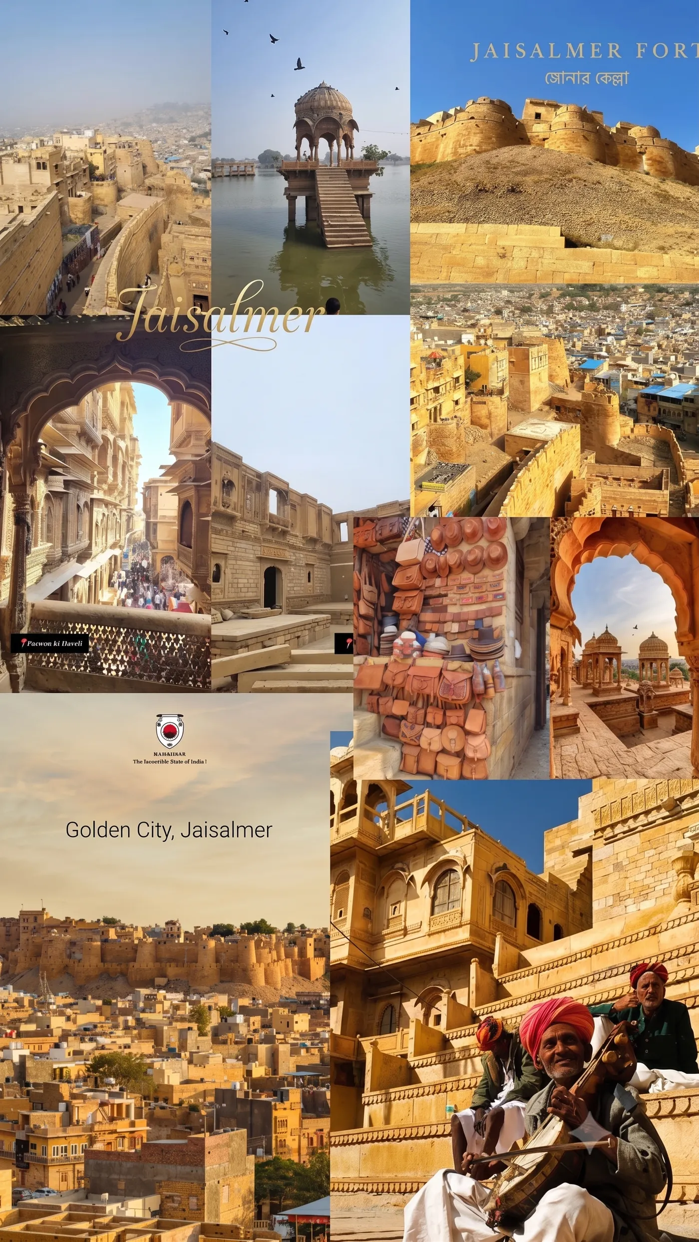 A collage of Jaisalmer scenes — the fort, Gadisar Lake, havelis, cenotaphs and folk musicians