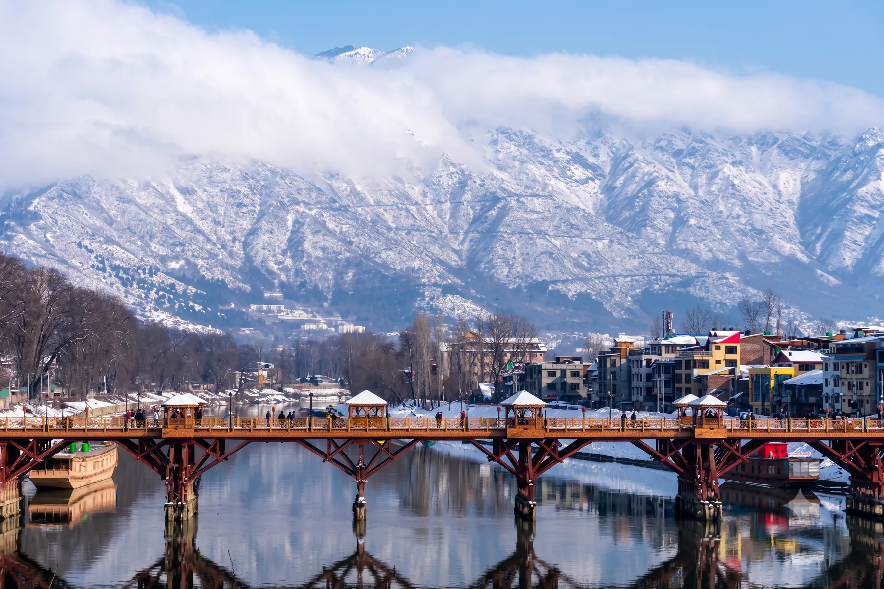 The footbridge over the Jhelum at Srinagar with the snow range behind